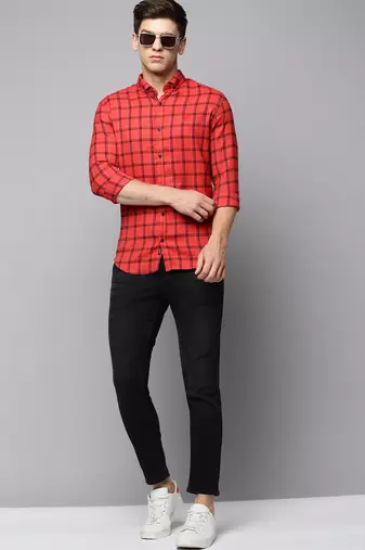 men's long sleeves tartan checks red shirt