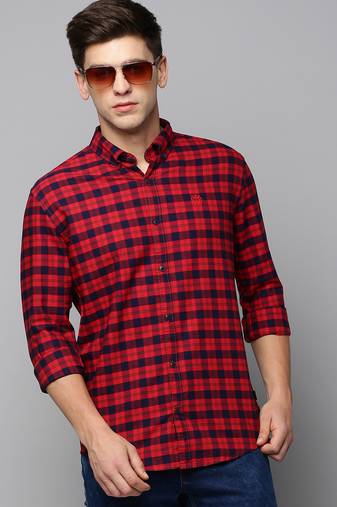 men's long sleeves tartan checks red shirt