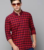 men's long sleeves tartan checks red shirt