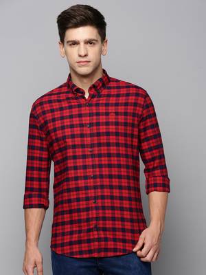 men's long sleeves tartan checks red shirt 2
