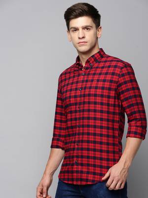 men's long sleeves tartan checks red shirt 3