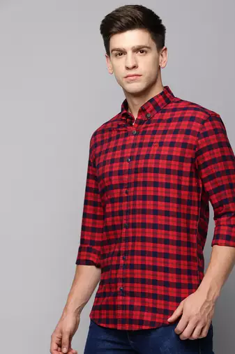 men's long sleeves tartan checks red shirt