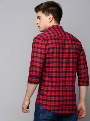 men's long sleeves tartan checks red shirt 4