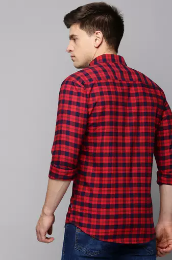 men's long sleeves tartan checks red shirt