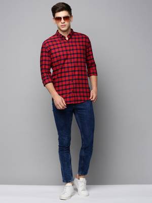 men's long sleeves tartan checks red shirt 5