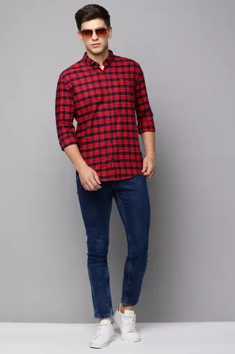 men's long sleeves tartan checks red shirt