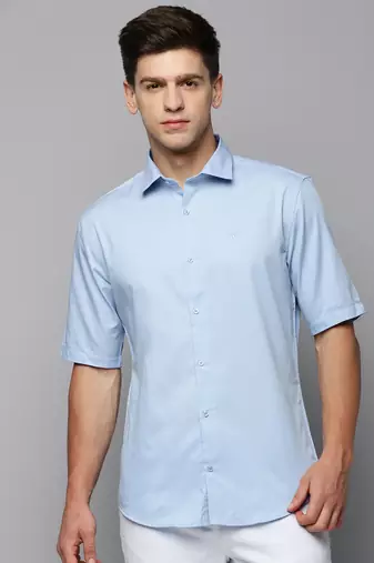 men's short sleeves solid blue shirt