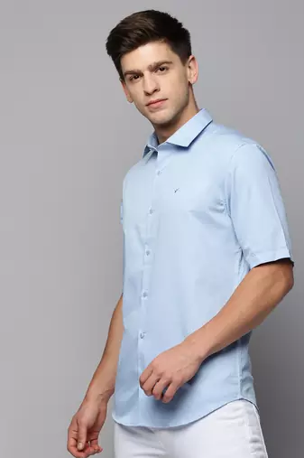 men's short sleeves solid blue shirt