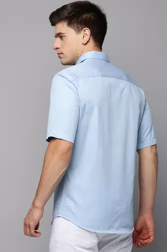 men's short sleeves solid blue shirt