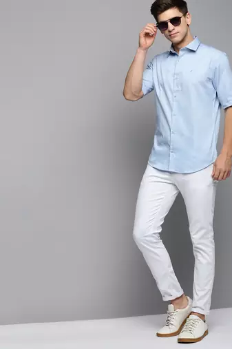 men's short sleeves solid blue shirt