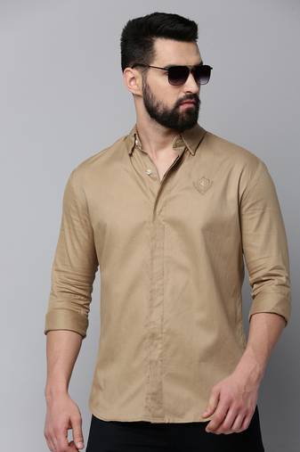 men's long sleeves solid khaki shirt