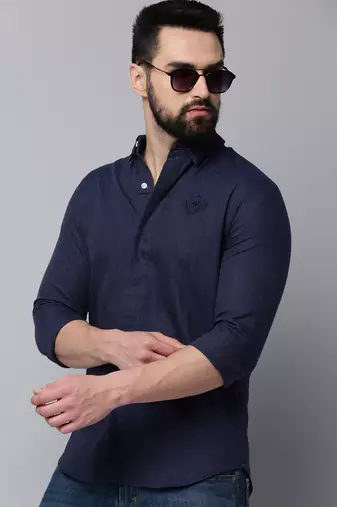 men's long sleeves solid navy blue shirt
