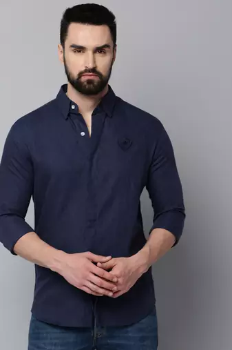 men's long sleeves solid navy blue shirt