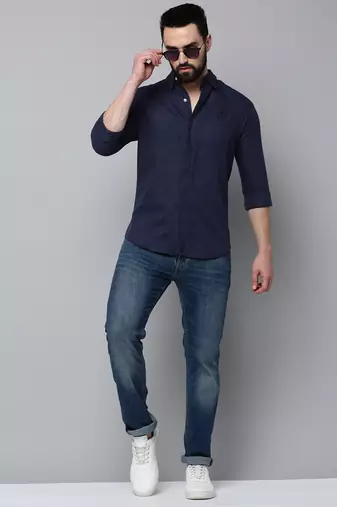men's long sleeves solid navy blue shirt