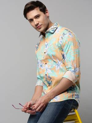 men's long sleeves floral orange shirt 1