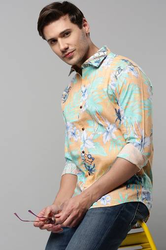 men's long sleeves floral orange shirt