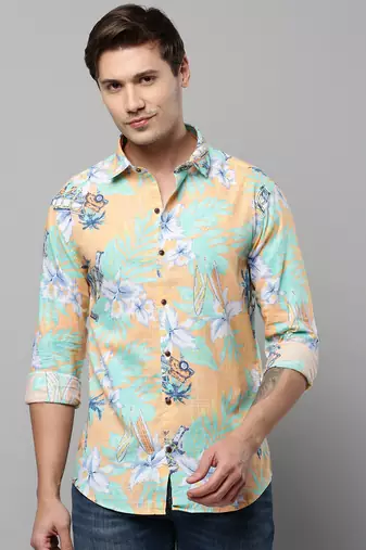 men's long sleeves floral orange shirt