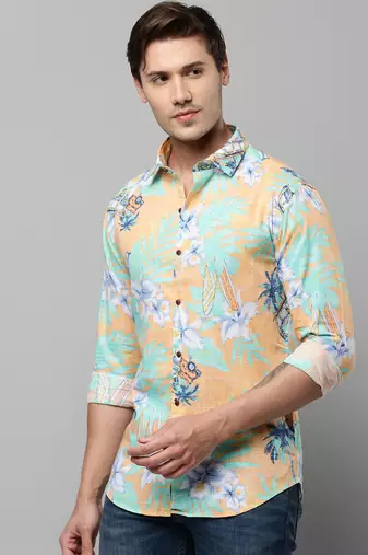 men's long sleeves floral orange shirt
