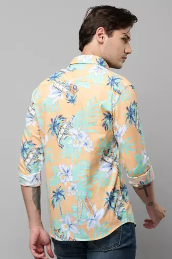 men's long sleeves floral orange shirt