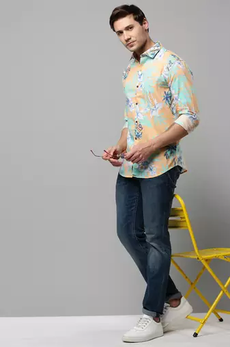 men's long sleeves floral orange shirt