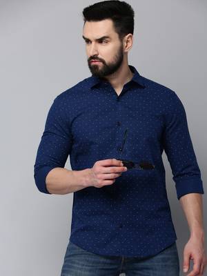 men's long sleeves geometric navy blue shirt 1