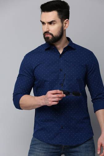 men's long sleeves geometric navy blue shirt