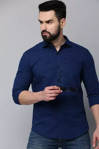 men's long sleeves geometric navy blue shirt