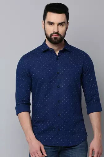 men's long sleeves geometric navy blue shirt