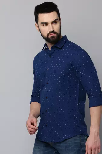 men's long sleeves geometric navy blue shirt