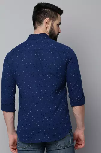 men's long sleeves geometric navy blue shirt