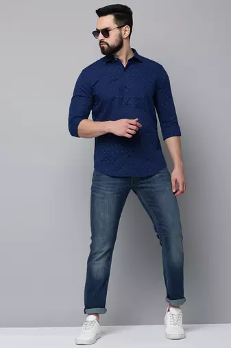 men's long sleeves geometric navy blue shirt