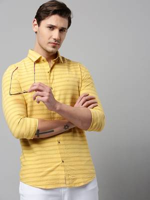 men's long sleeves horizontal stripes yellow shirt 1