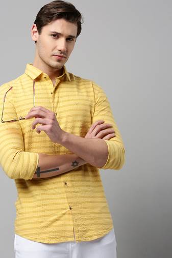 men's long sleeves horizontal stripes yellow shirt