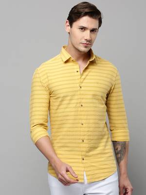 men's long sleeves horizontal stripes yellow shirt 2
