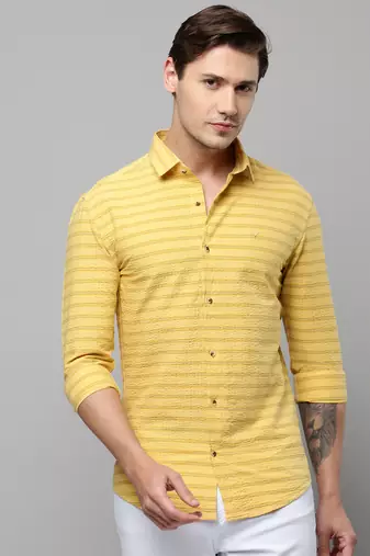 men's long sleeves horizontal stripes yellow shirt