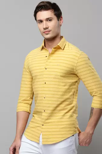 men's long sleeves horizontal stripes yellow shirt