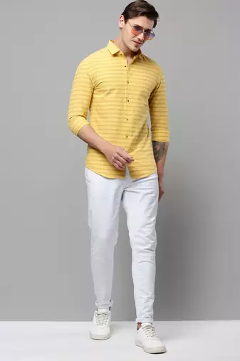 men's long sleeves horizontal stripes yellow shirt