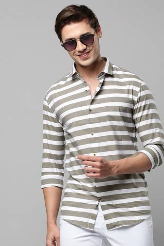men's long sleeves horizontal stripes taupe shirt