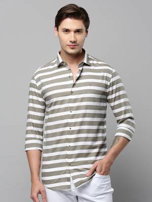 men's long sleeves horizontal stripes taupe shirt 2