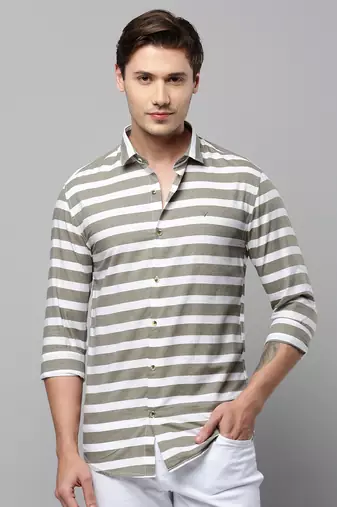 men's long sleeves horizontal stripes taupe shirt