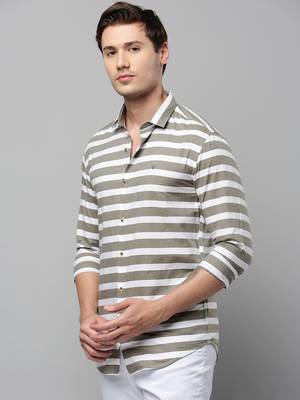men's long sleeves horizontal stripes taupe shirt 3