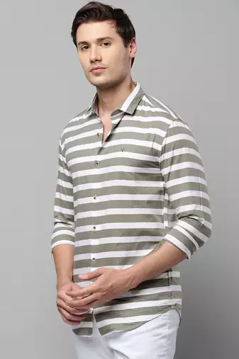men's long sleeves horizontal stripes taupe shirt