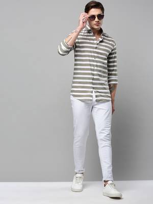 men's long sleeves horizontal stripes taupe shirt 5