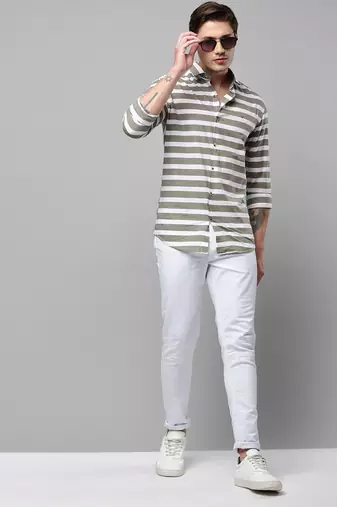 men's long sleeves horizontal stripes taupe shirt