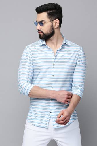 men's long sleeves horizontal stripes blue shirt