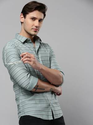 men's long sleeves horizontal stripes sea green shirt 1