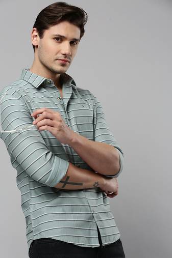 men's long sleeves horizontal stripes sea green shirt