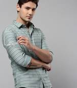 men's long sleeves horizontal stripes sea green shirt