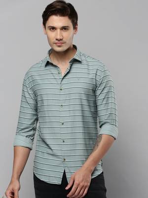 men's long sleeves horizontal stripes sea green shirt 2
