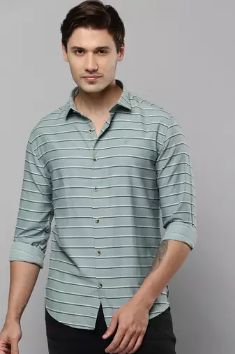 men's long sleeves horizontal stripes sea green shirt